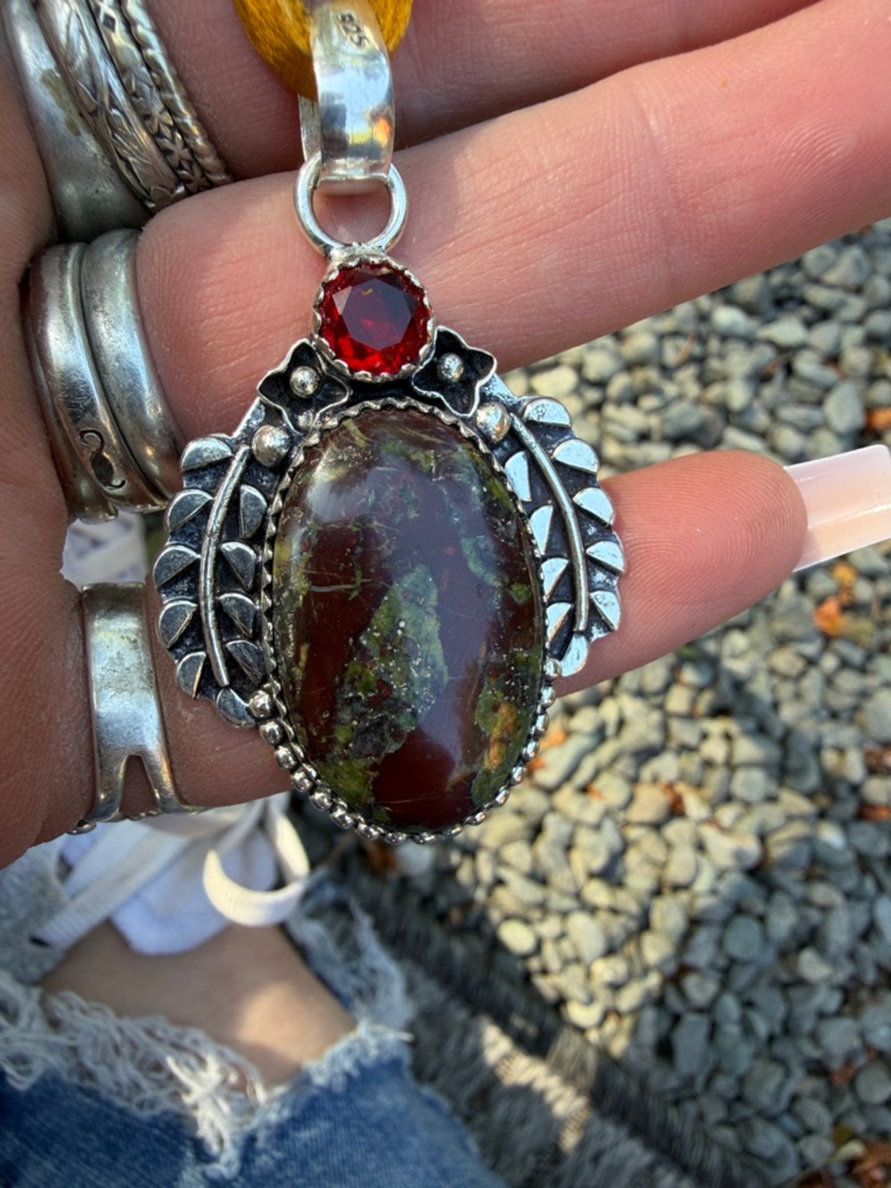 Sterling Silver Green & Red Jasper “dragons blood” Pendant Necklace